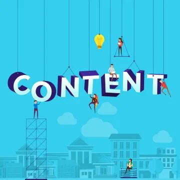 Flat design concept small people working typography word CONTENT. Vector illu Stock Illustration