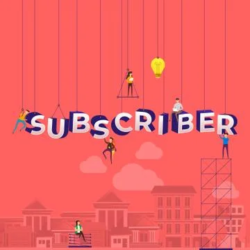Flat design concept small people working typography word subscriber. Vector i Stock Illustration