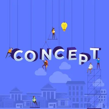 Flat design concept small people working typography word CONCEPT. Vector illu Stock Illustration