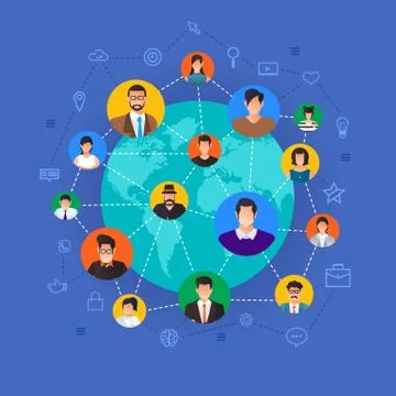 Flat design concept social network. Peoples connecting around the world with Stock Illustration