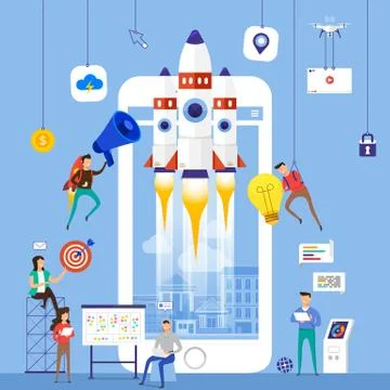 Flat design concept team working for building startup company with rocket on Stock Illustration
