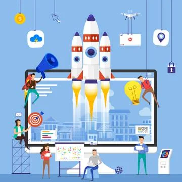 Flat design concept team working for building startup company with rocket on Stock Illustration