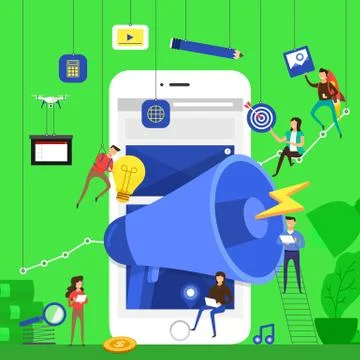 Flat design concept team working for advertising present by big megaphone on Stock Illustration