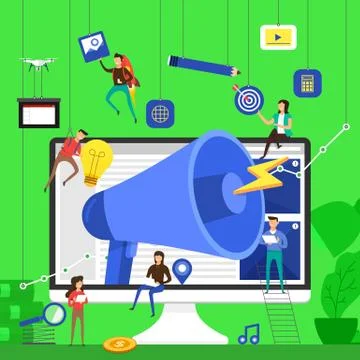 Flat design concept team working for advertising present by big megaphone on Stock Illustration
