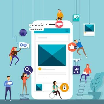 Flat design concept team working for building social media application on mob Stock Illustration