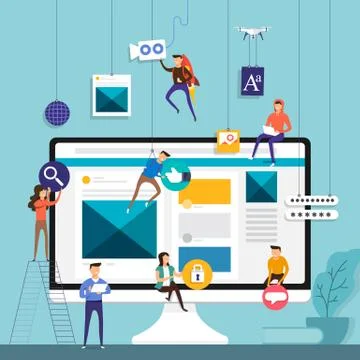 Flat design concept team working for building social media application on mob Stock Illustration