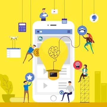 Flat design concept team working for building online course e-learning on mob イラスト素材