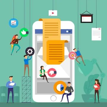 Flat design concept team working for building email marketing on mobile. Stock Illustration