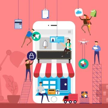 Flat design concept team working for online store e-commerce technology on mo Stock Illustration