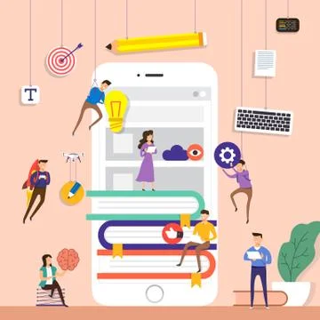 Flat design concept team working for building e-book application on mobile. V Stock Illustration