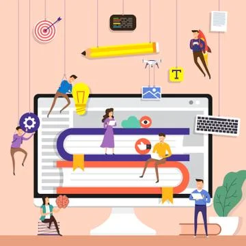Flat design concept team working for building e-book application on desktop. Stock Illustration