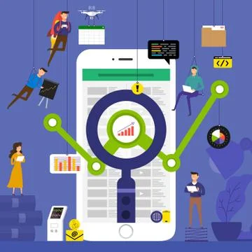 Flat design concept team working for technology analysis data on mobile. Vect Stock Illustration