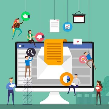 Flat design concept team working for building email marketing on desktop. Vec Stock Illustration