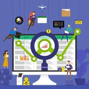 Flat design concept team working for technology analysis data on desktop. Vec Illustrazione stock