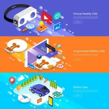 Flat design concept virtual reality, augmented reality and smart cars. Vector Stock Illustration