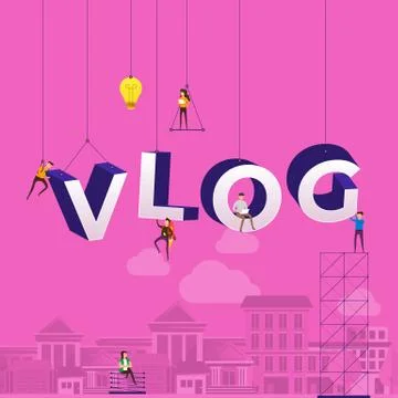 Flat design concept vlog. Team develop channel video online. Vector illustrat Stock Illustration