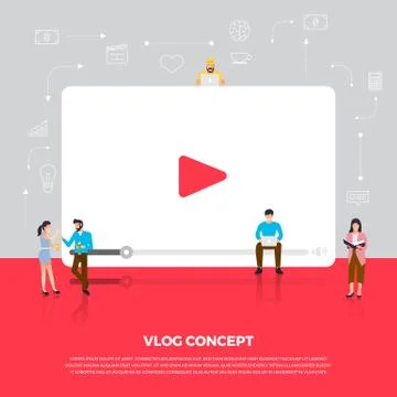 Flat design concept vlog. Team develop channel video online. Vector illustrat Stock Illustration