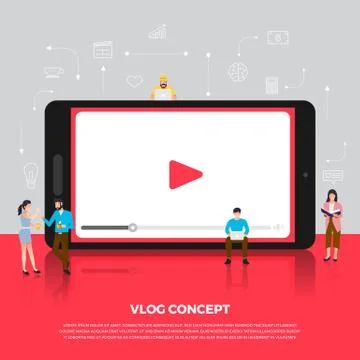 Flat design concept vlog. Team develop channel video online. Vector illustrat Stock Illustration