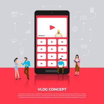 Flat design concept vlog. Team develop channel video online. Vector illustrat Stock Illustration