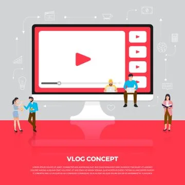 Flat design concept vlog. Team develop channel video online. Vector illustrat Stock Illustration