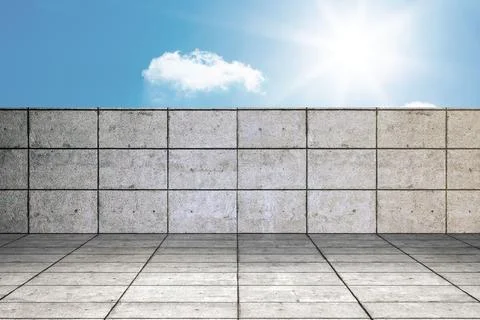 Flat design concrete block wall and tiled ground appearing under blue sky with Ilustração Stock
