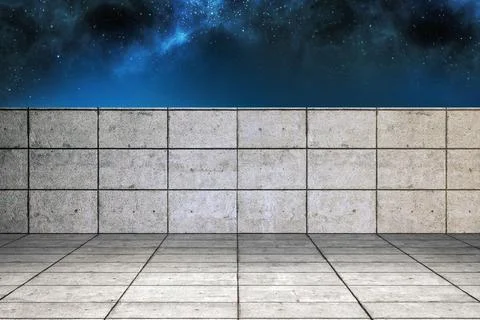 Flat design concrete terrace is stretching under blue starry night sky with Stock Illustration