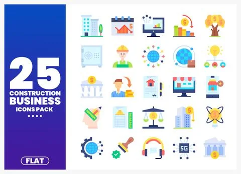 Flat design construction business icons pack featuring diverse elements on .. Ilustración de archivo