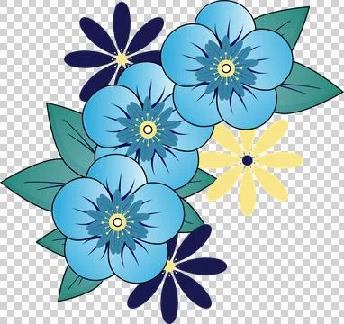 Flat design corner is showing blue-yellow daisy blooms with teal leaves on 库存插图