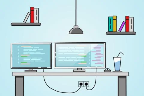 Flat design. Creative office desktop workspace with two monitors Stock Illustration