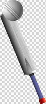Flat design cricket bat with blue handle is hitting ball with stitching on Illustration