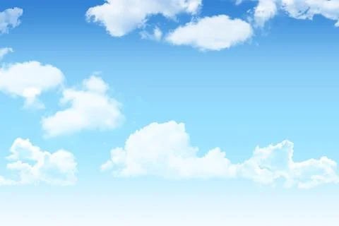 Flat design cumulus cluster is drifting across gradient blue sky with scattered Stock Photos