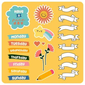 Flat design cute set of stickers and label for journaling, smiley emoticon Stock Illustration