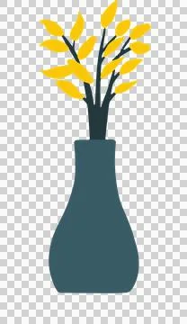 Flat design dark teal vase is showing black stems bearing yellow leaves on Stock Illustration