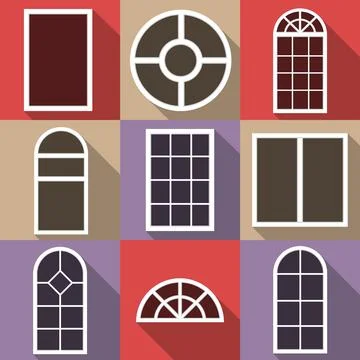 Flat design dark windows frames icons set with long shadows on colorful 库存插图