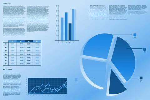 Flat design dashboard is showing data table, bar chart, 3D pie chart and line Foto stock