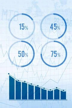 Flat design dashboard is showing four blue circular gauges above bar chart with Stock Illustration