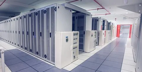 Flat design data center is showing white control cabinet with server racks under Stock Photos