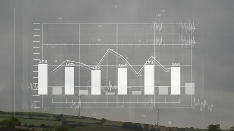 Flat design data chart overlaying rolling farmland, linking six bars in zigzag Stock Footage 307859261