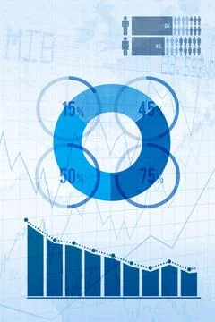 Flat design data dashboard showing four-segment donut chart and bar graphs with 库存插图