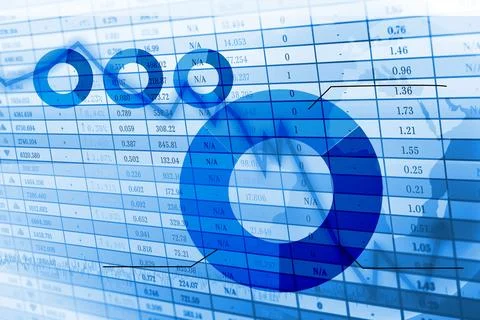 Flat design data graphic showing large blue doughnut chart, data grid, ring Stock Photos