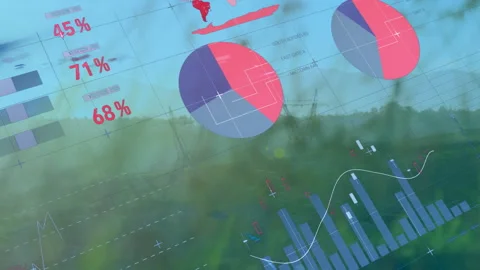 Flat design data graphics showing pie chart and bar graph overlaying grass field Stock Footage 307884216