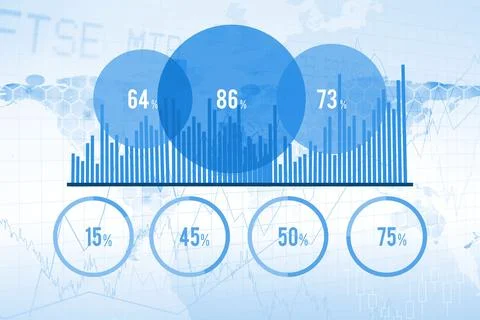 Flat design data infographic is showing overlapping blue circles, bars and rings Illustrazione stock