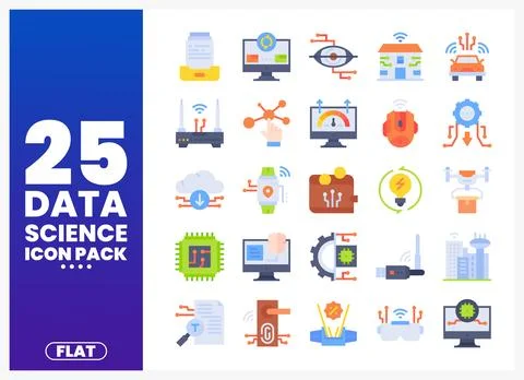 Flat design data science icon pack with icons for web and print Stock Illustration
