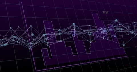 Flat design data visualization showing light-blue network graph over purple bar Video stock 307436719
