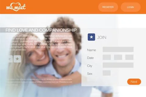 Flat design dating site UI featuring hugging couple and join panel with orange Ilustração Stock