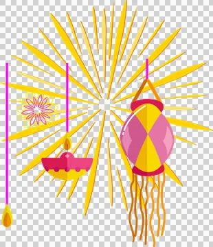 Flat design decor are floating on transparent backdrop with sunburst, lantern, Stockillustratie