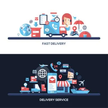 Flat design delivery service website headers banners set Stock Illustration
