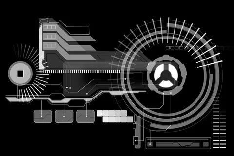 Flat design digital HUD dashboard is showing concentric arcs and circuitry lines Stock Photos