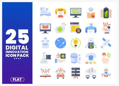 Flat design digital innovation icon pack showcasing technology symbols on a.. Stockillustratie