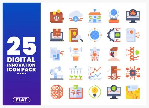 Flat design digital innovation icon pack with illustrations including AI an.. 库存插图